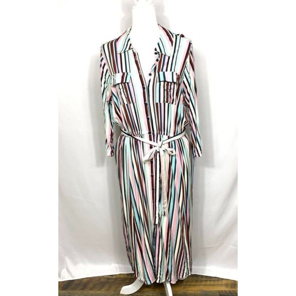 Torrid 2 Dress Womens Plus Stripped Belted Maxi Belted Button Front Long Sleeve
